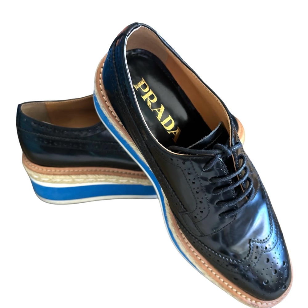 PRADA PLATFORM OXFORD Wingtip Brogue Gloss Leather Espadrille
